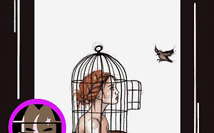 a woman in a cage looking at a bird
