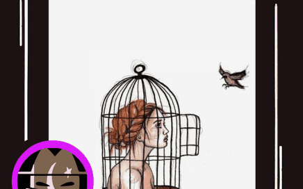 a woman in a cage looking at a bird